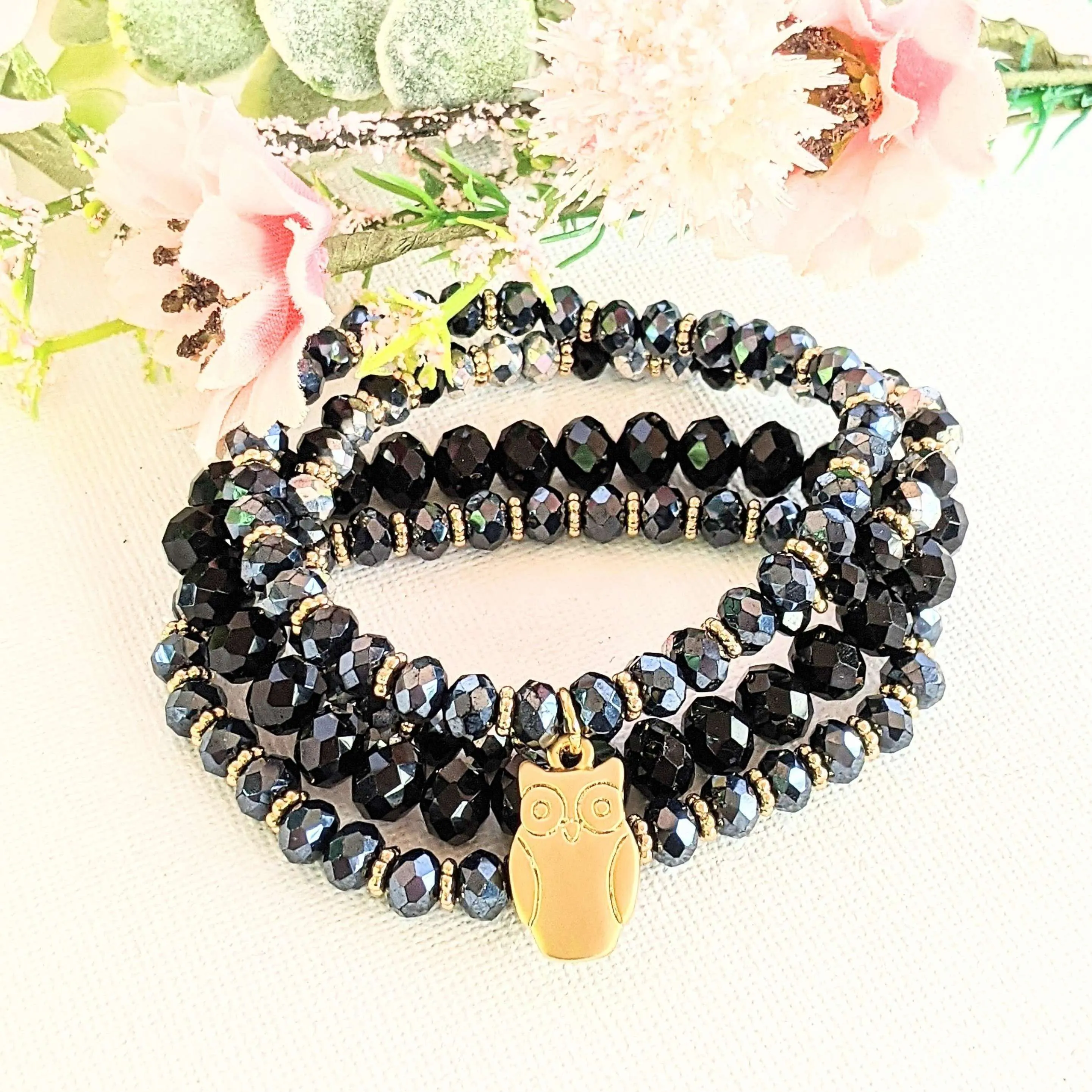 Black Crystal Owl Stretch Bracelet Stack