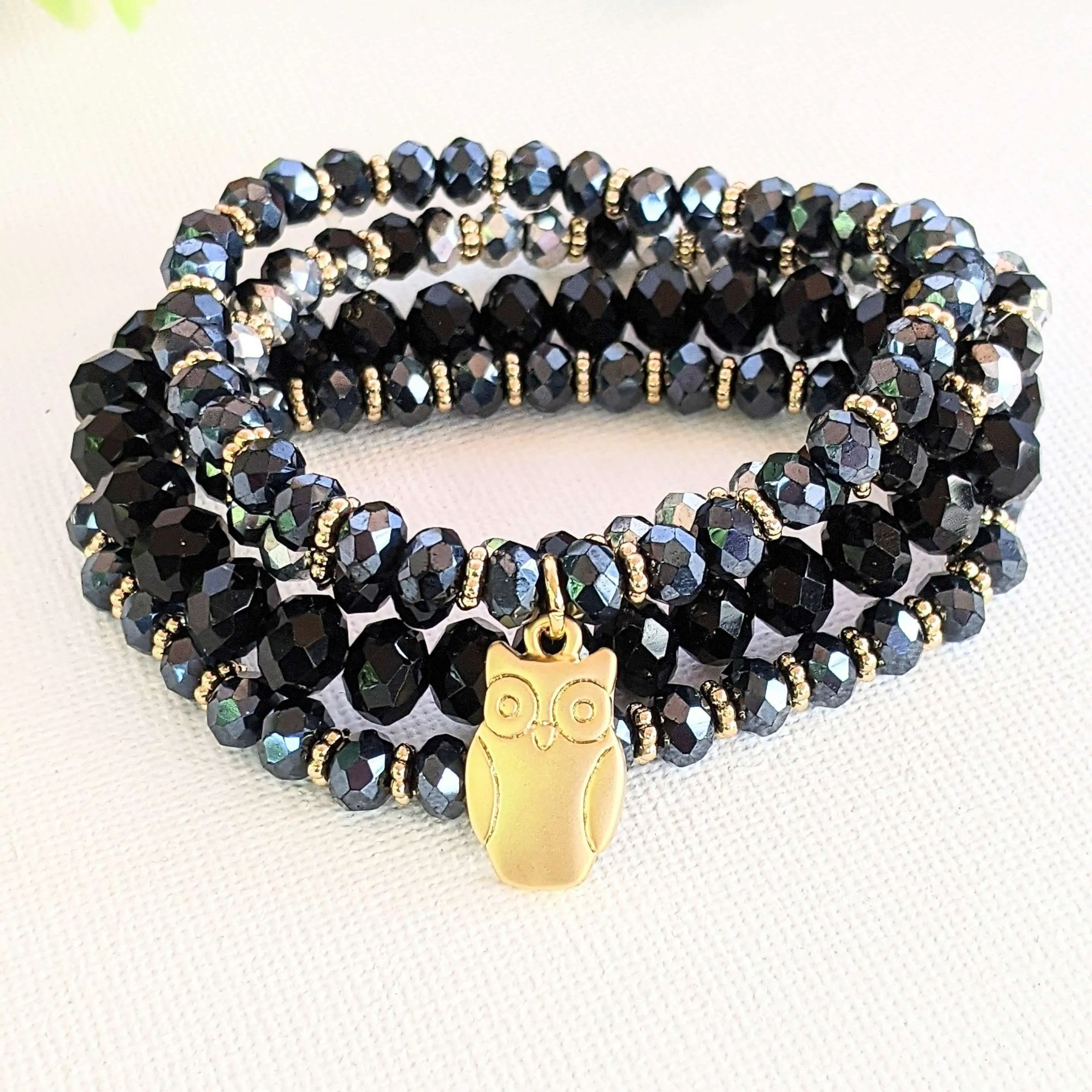 Black Crystal Owl Stretch Bracelet Stack