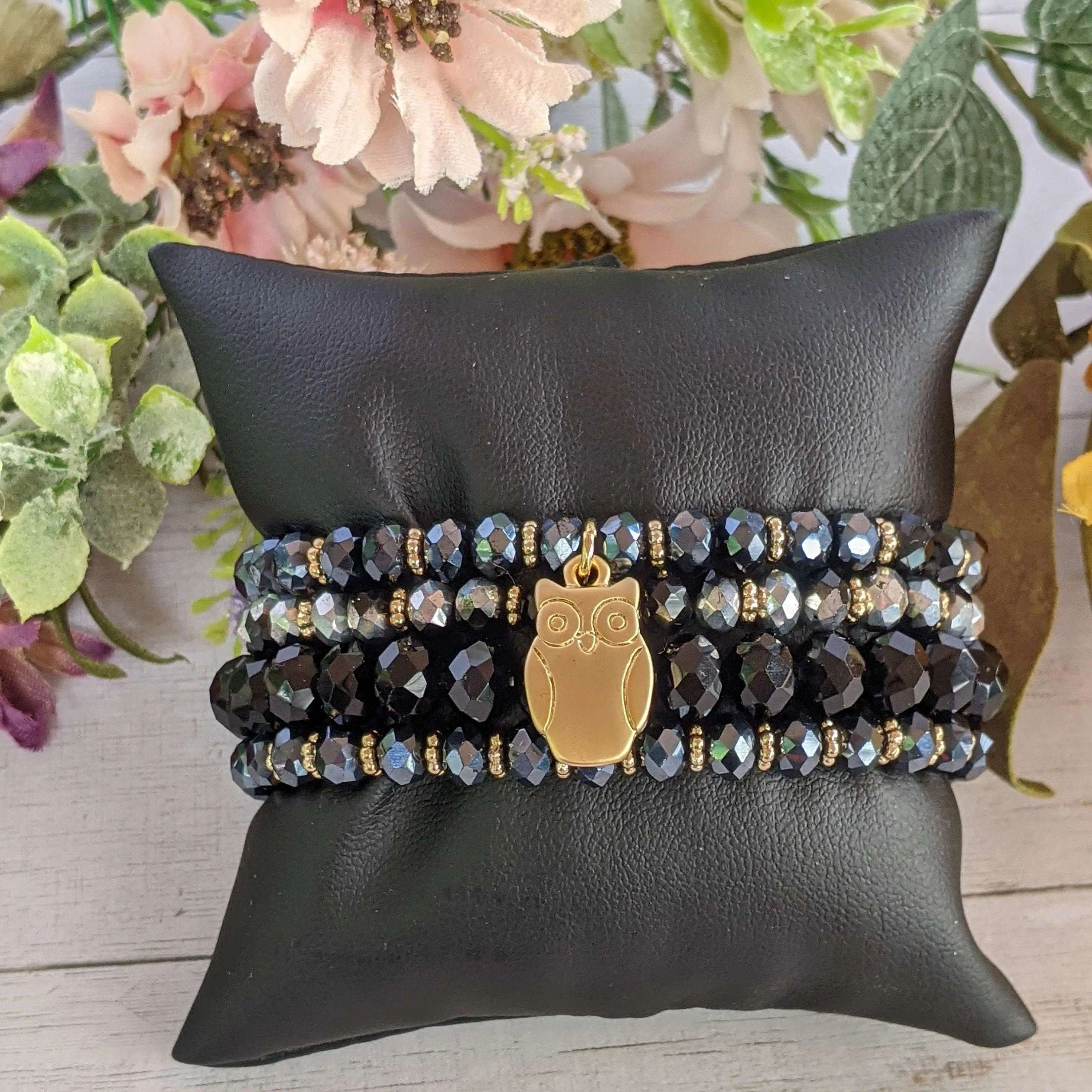 Black Crystal Owl Stretch Bracelet Stack