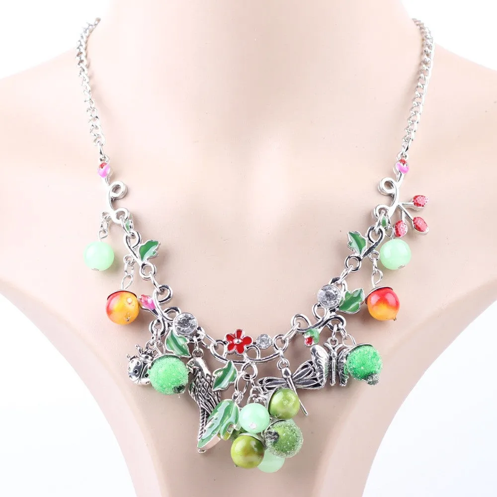 Bonsny Statement Enamel Fruit Bird Butterfly Necklace Flower AlloyLong Chain Collar New Fashion Brand Jewelry For Women