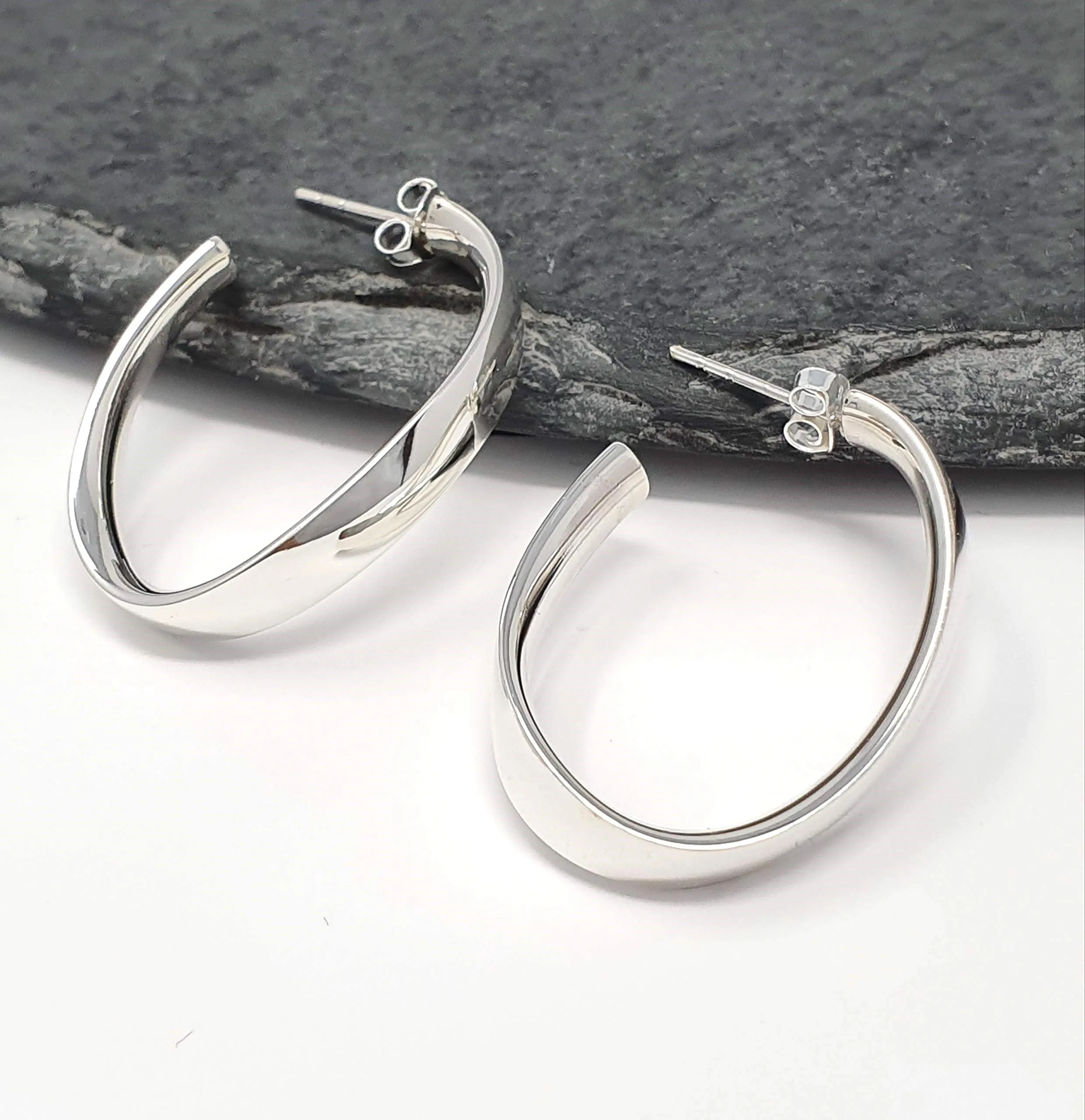 Classic Sterling Silver Half Hoop Earrings for Women | 30mm Twisted Oval Stud Earrings