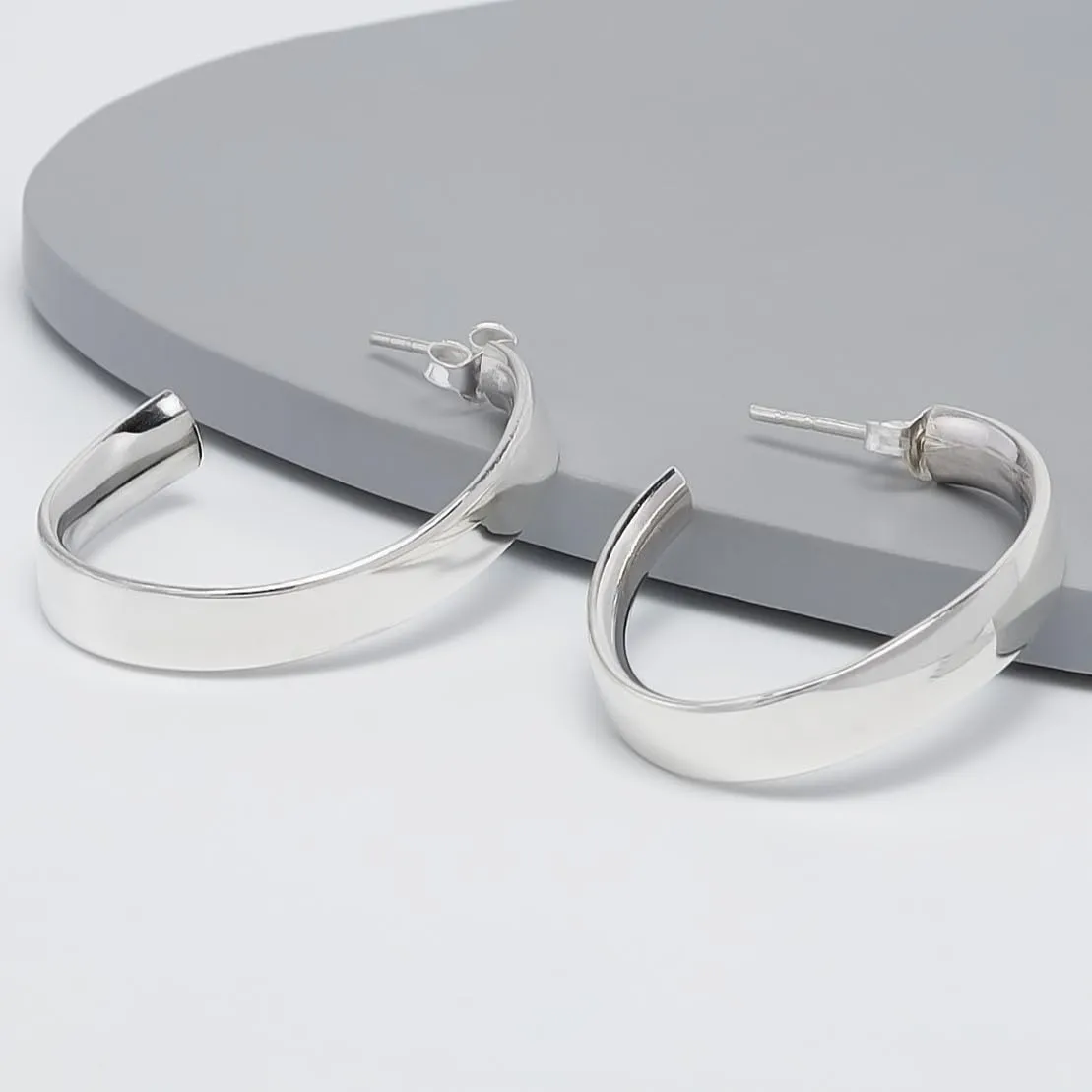 Classic Sterling Silver Half Hoop Earrings for Women | 30mm Twisted Oval Stud Earrings