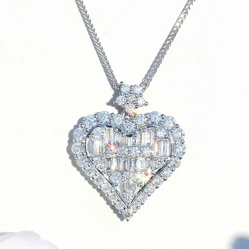 Created White Sapphire Baguette Heart Luxury Pendant Necklace