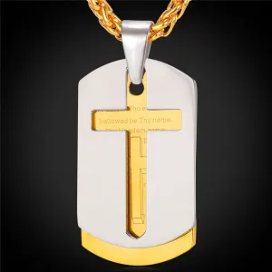 Cross Necklace Men Bible Lords Prayer Gold Plated Stainless Steel Double Dog Tags Pendant For Men Christian Jewelry