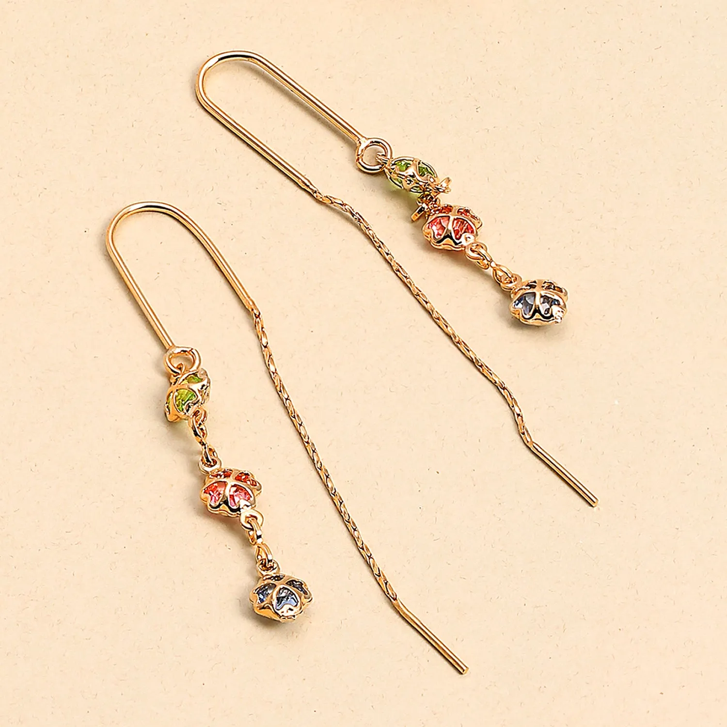 Delicate Pastel Crystal Dangle Earrings with Heart & Clover 18K Gold Plated