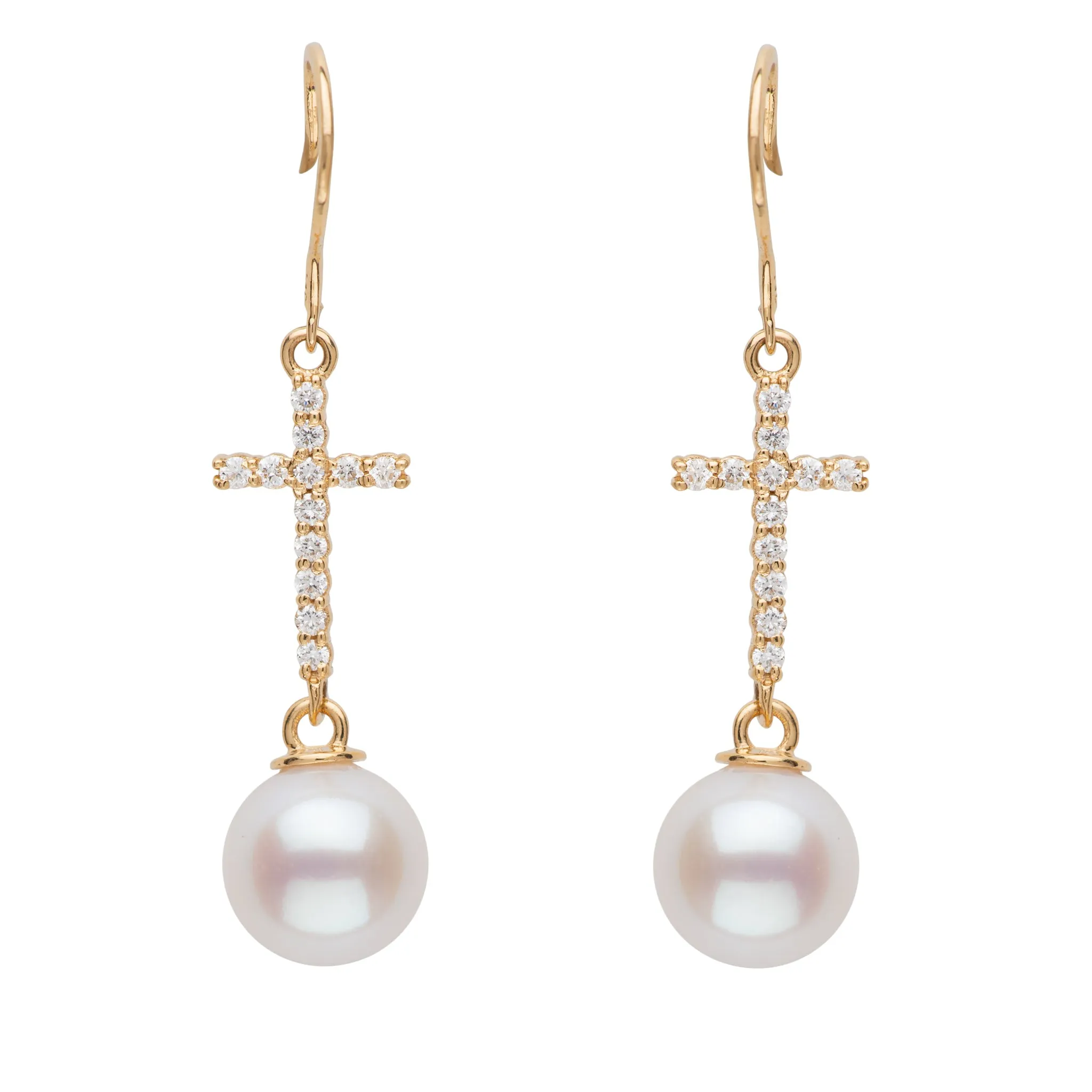 Diamond Cross & Freshwater Pearl Drop Earrings