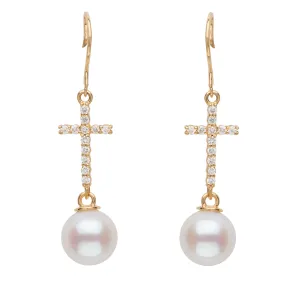 Diamond Cross & Freshwater Pearl Drop Earrings