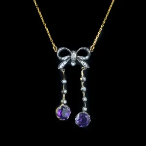 Edwardian Style Amethyst Diamond Pendant Necklace Silver 18Ct Gold Chain