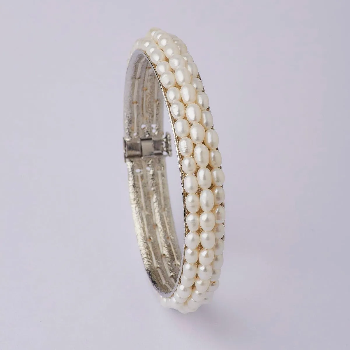 Elegant Rhodium White Pearl Bangle