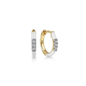 Enamel - 14K Yellow Gold Diamond Huggie with White Enamel