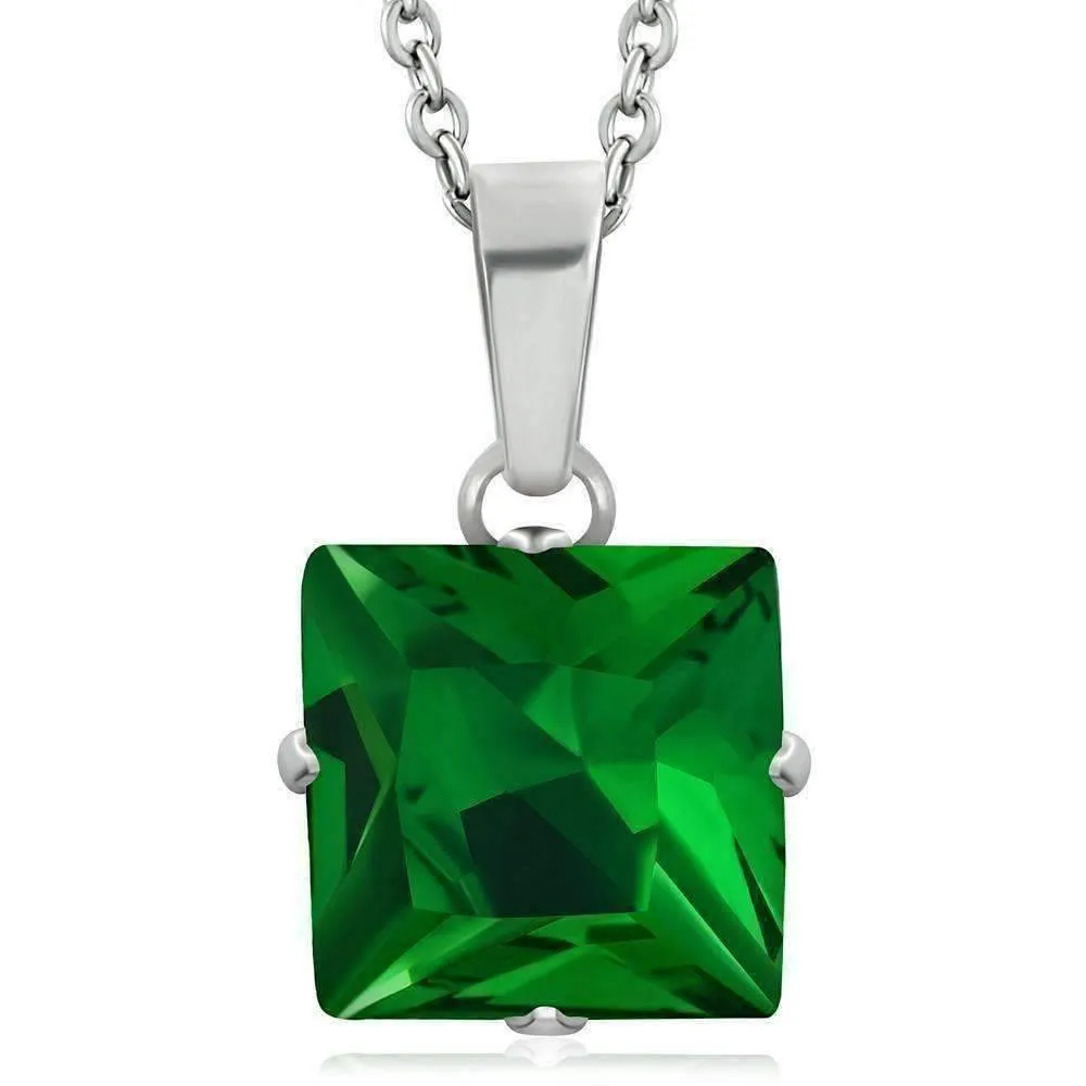 Envy Emerald Green Princess Cut CZ Solitaire Pendant Necklace in Stainless Steel