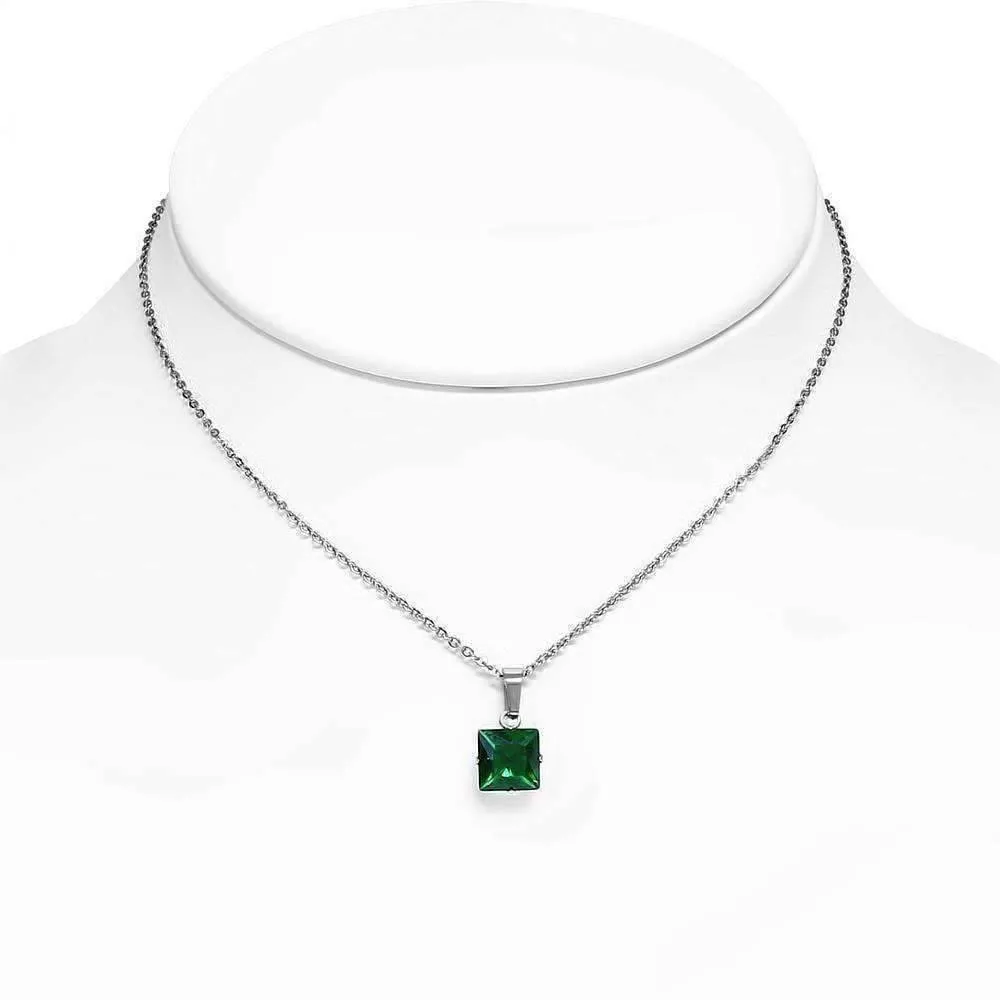 Envy Emerald Green Princess Cut CZ Solitaire Pendant Necklace in Stainless Steel