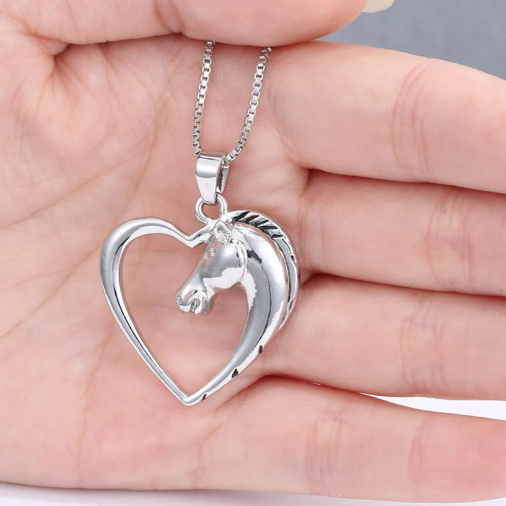 Fashion New jewelry plated white K Horse in Heart Necklace Pendant Necklace for women girl mom gifts