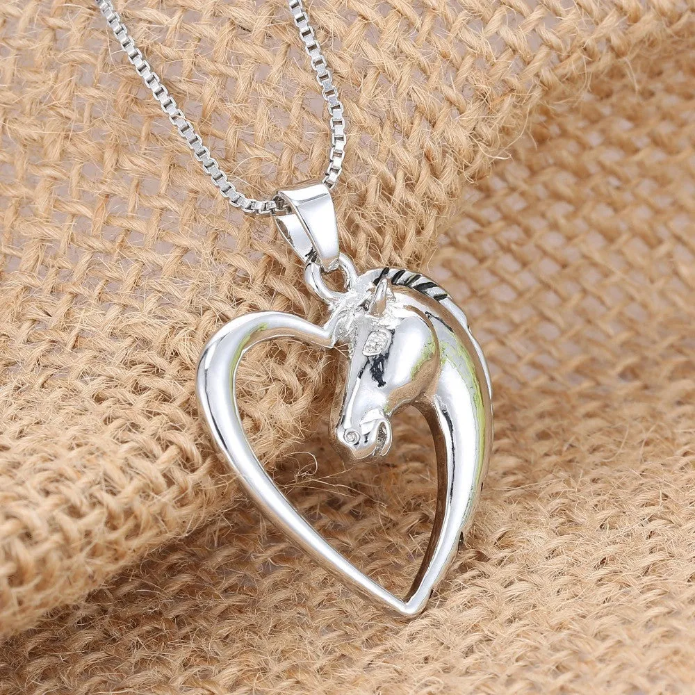 Fashion New jewelry plated white K Horse in Heart Necklace Pendant Necklace for women girl mom gifts