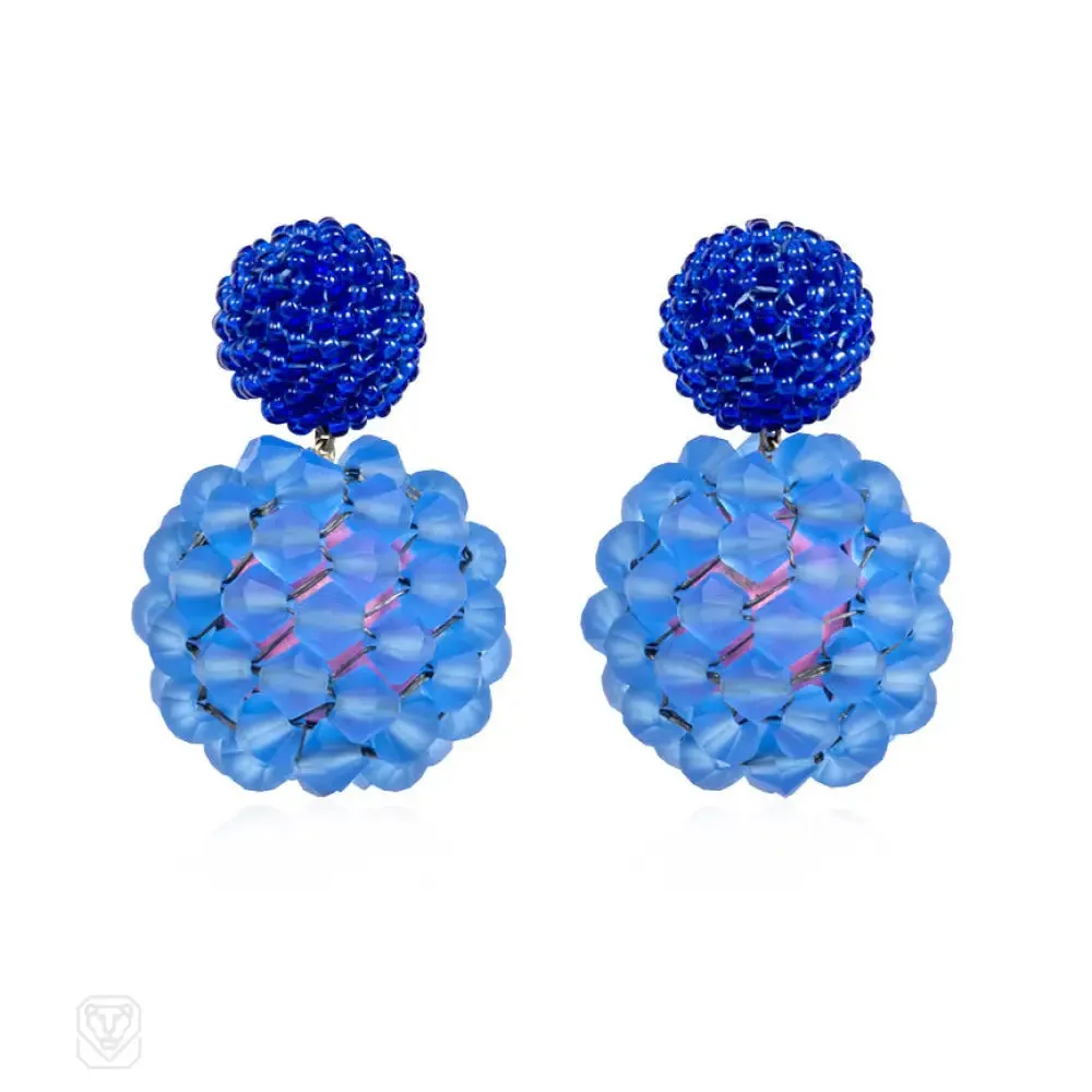 Glass and crystal beaded ball earrings in blue tones