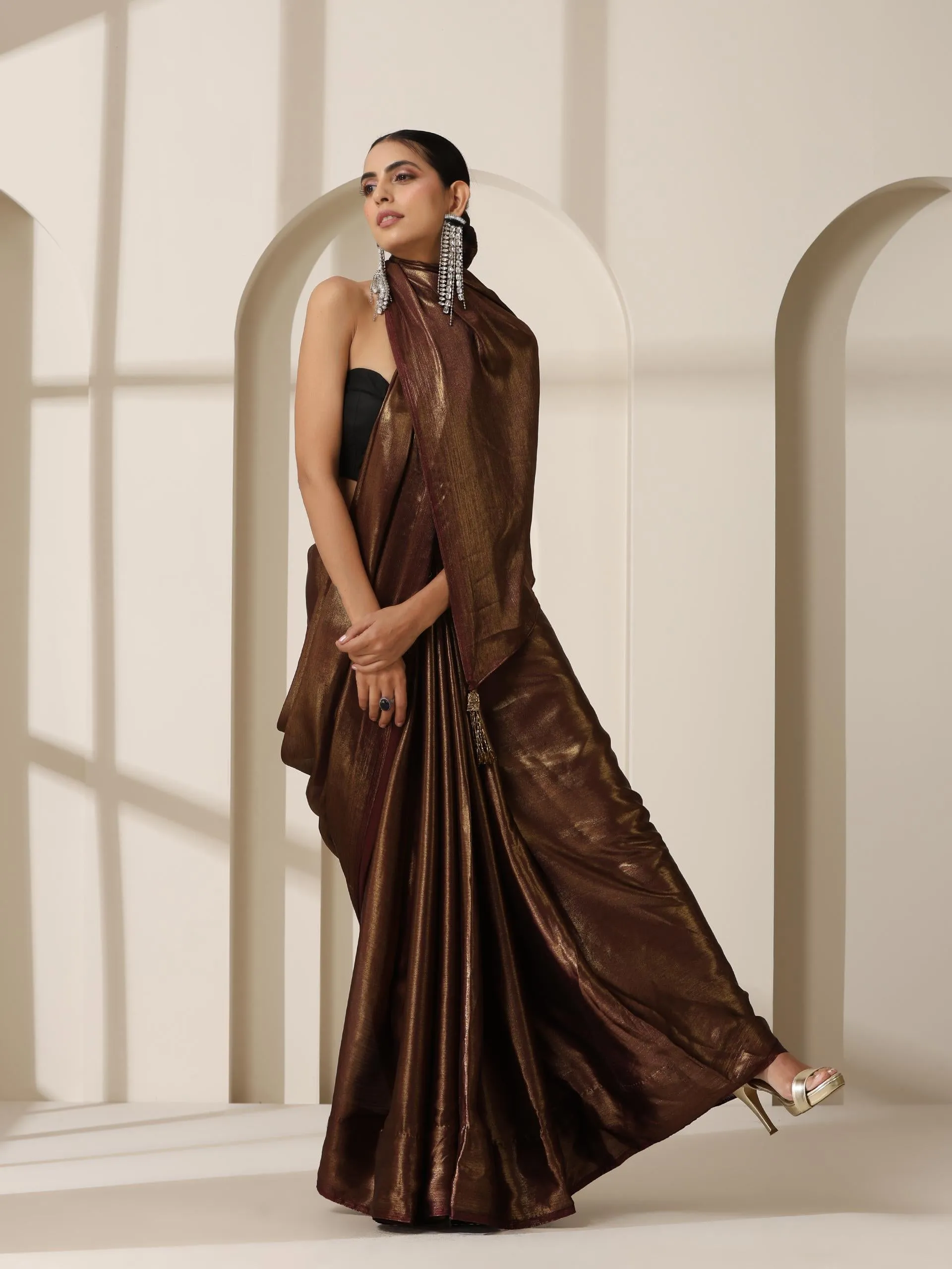 Gold Chocolate Chiffon Saree