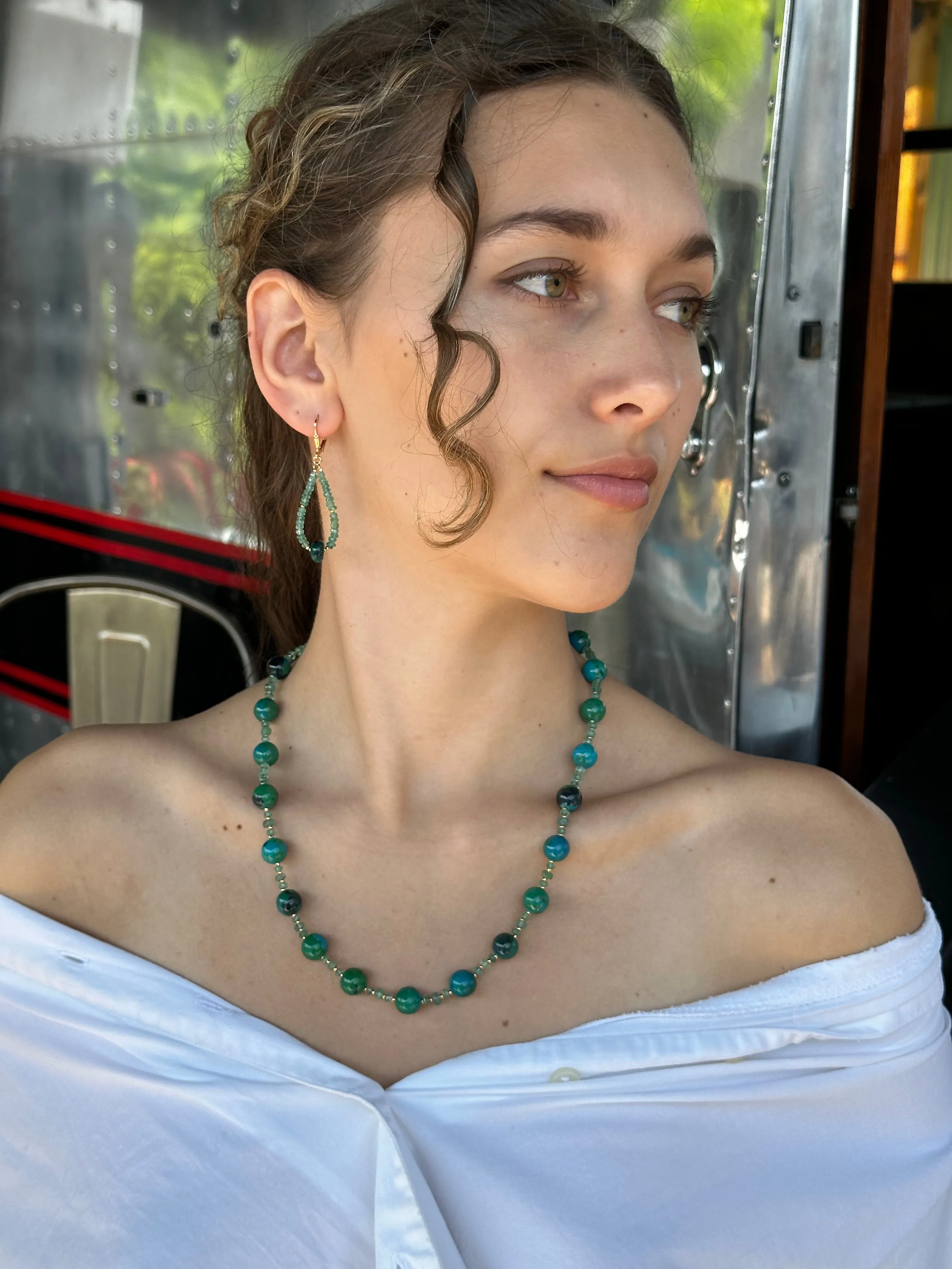 Gold Chrysocolla and Emerald Necklace