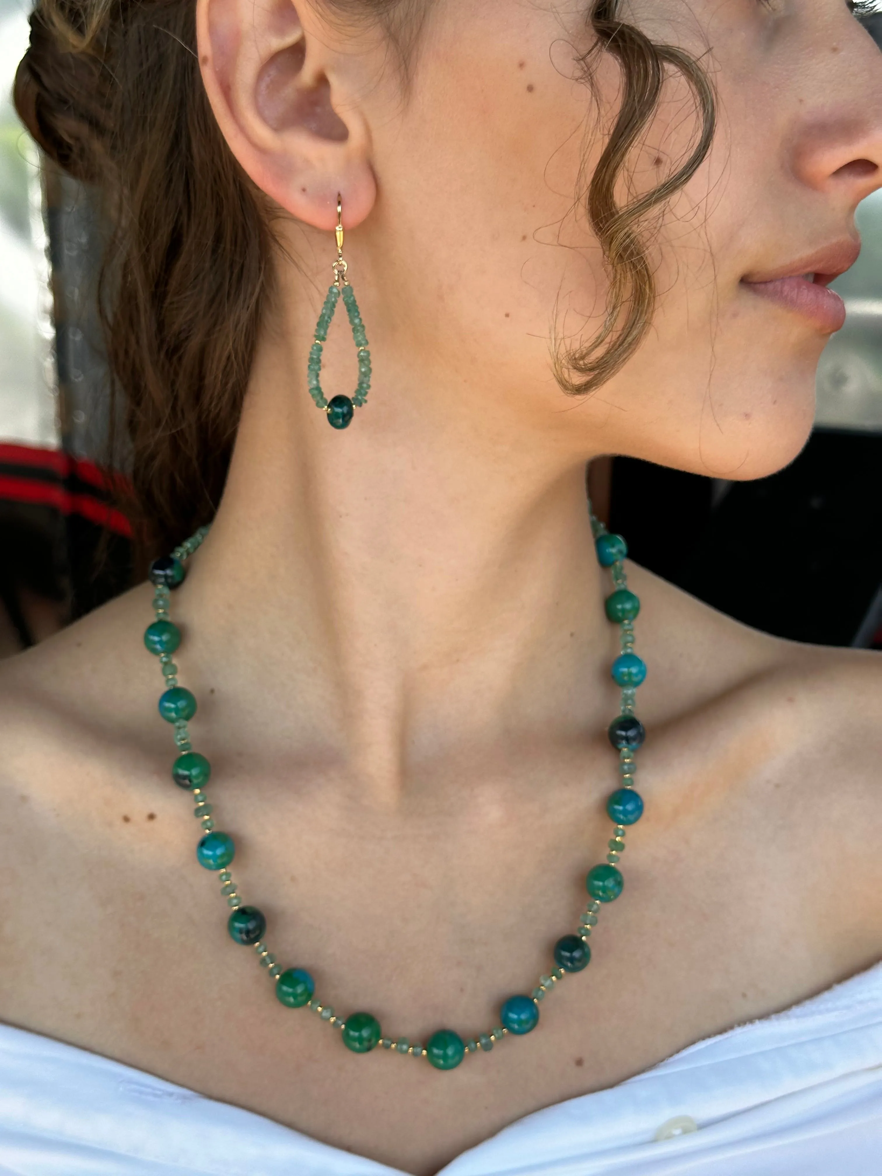 Gold Chrysocolla and Emerald Necklace