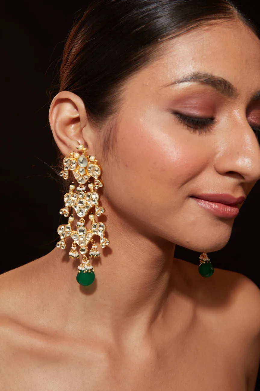 Gold Plated Kundan Studded With Single Bead Drop Dangle Earrings