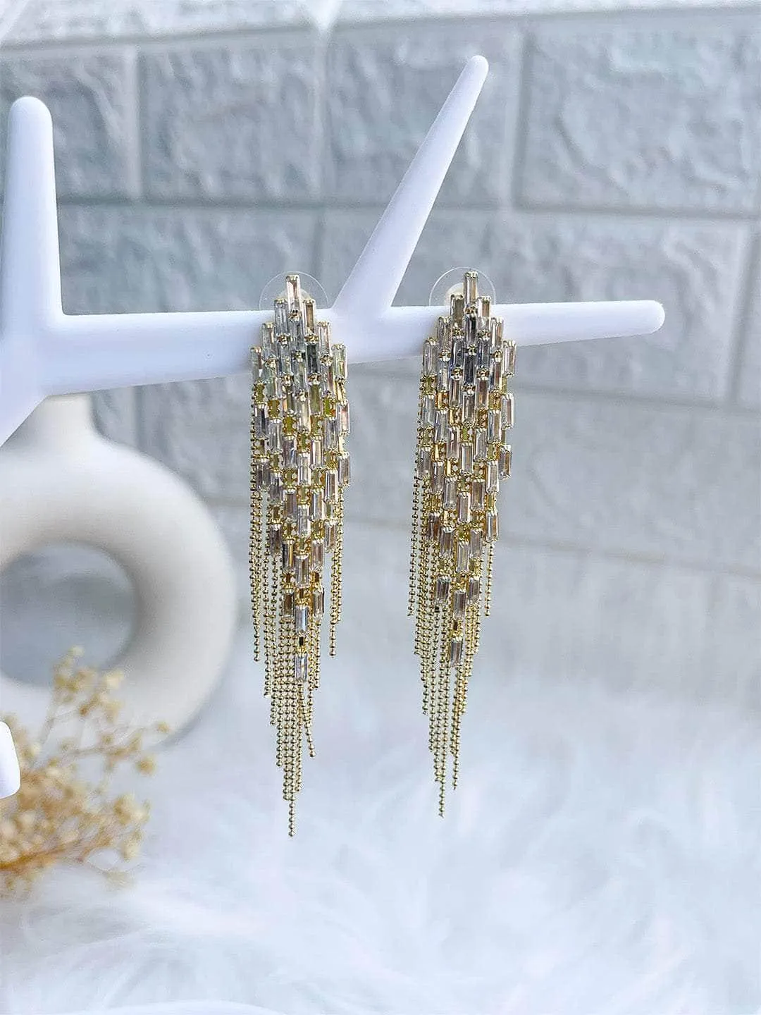 Gold Plated Stone Studded Tasselled Contemporary Drop Earrings