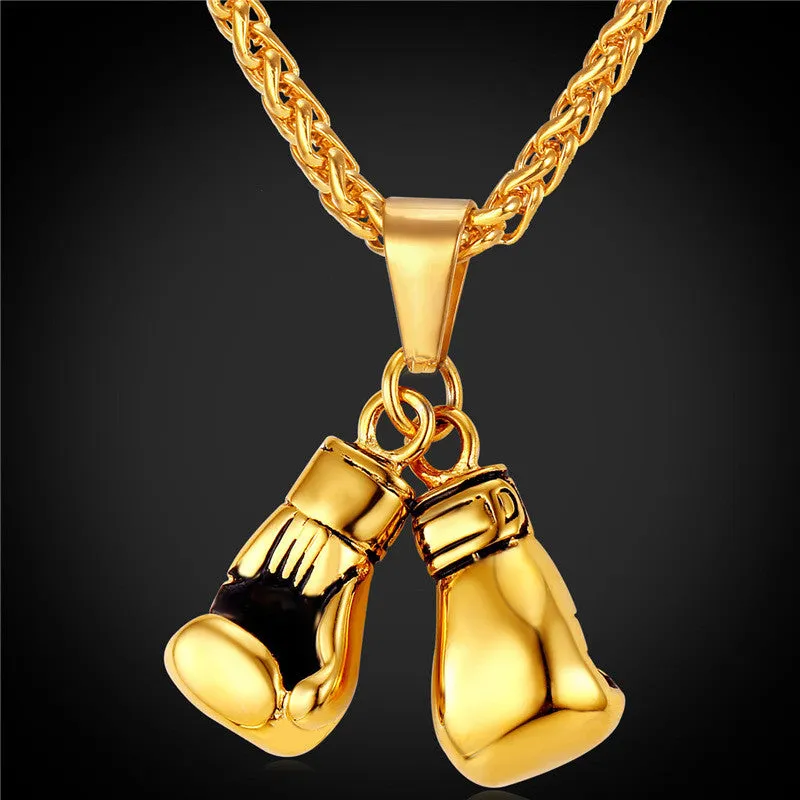 Golden Boxing Glove Pendant Charm Necklace Sport Jewelry 316L Stainless Steel Yellow Gold Plated Chain For Men