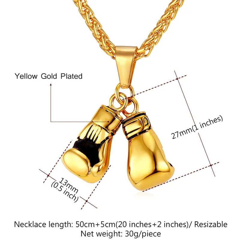 Golden Boxing Glove Pendant Charm Necklace Sport Jewelry 316L Stainless Steel Yellow Gold Plated Chain For Men