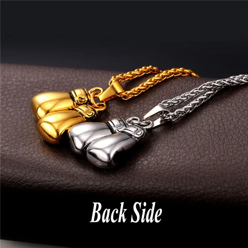 Golden Boxing Glove Pendant Charm Necklace Sport Jewelry 316L Stainless Steel Yellow Gold Plated Chain For Men