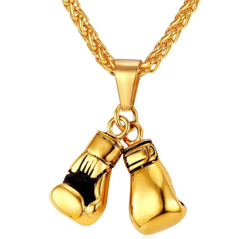 Golden Boxing Glove Pendant Charm Necklace Sport Jewelry 316L Stainless Steel Yellow Gold Plated Chain For Men