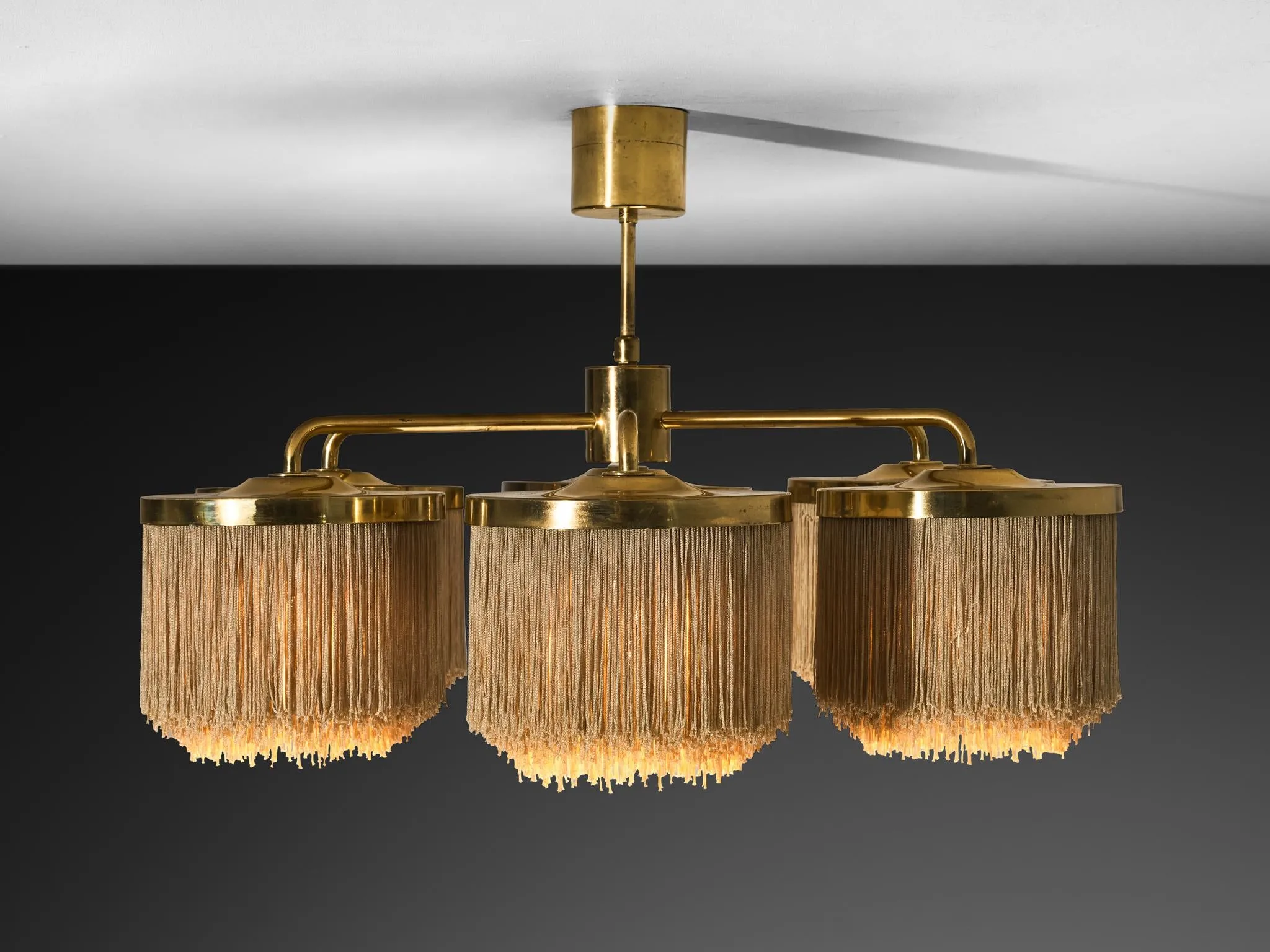 Hans-Agne Jakobsson Chandelier in Brass with Beige Silk Fringes