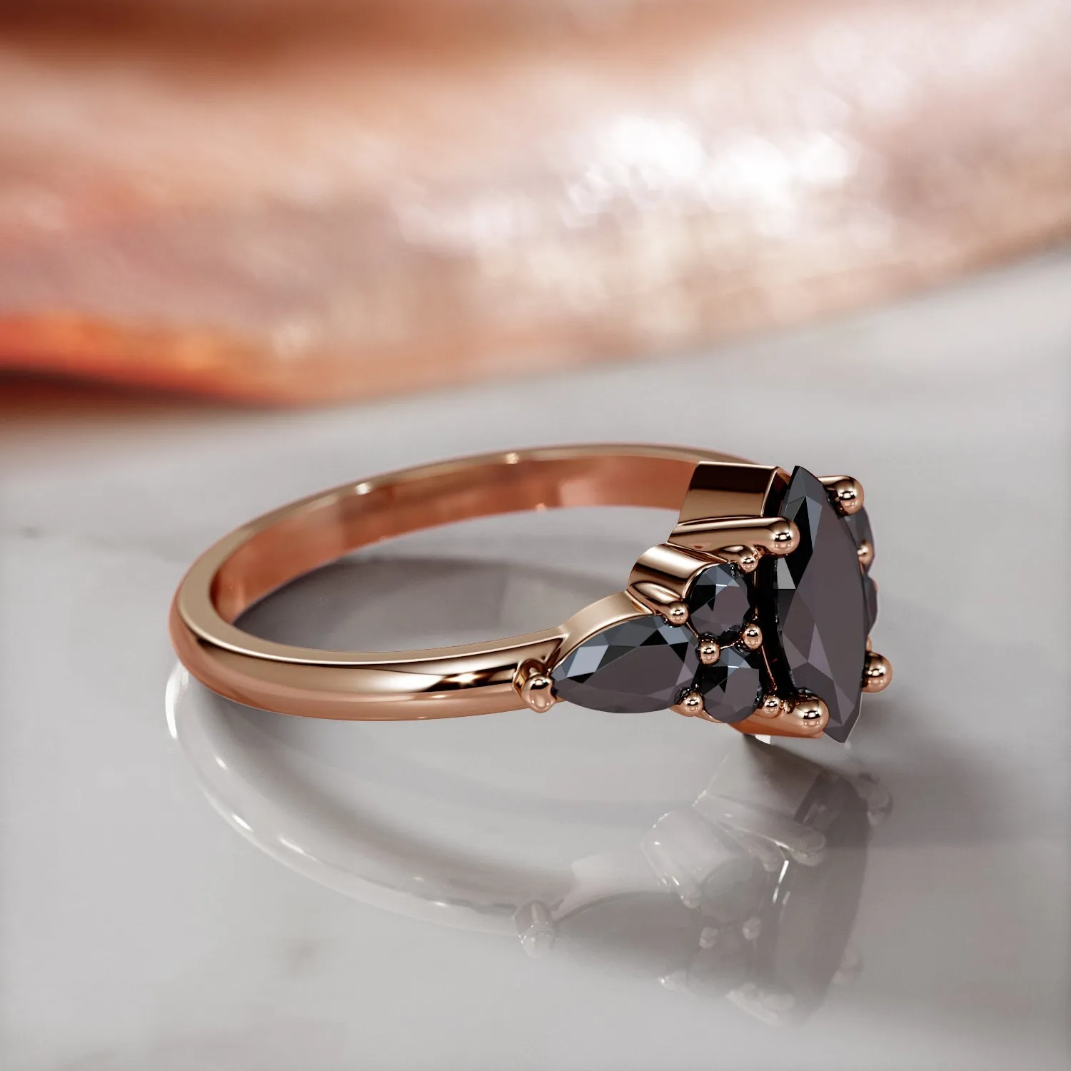 Hidden Nodes -   Art Deco  Natural Black Diamond Marquise Engagement Ring  in Rose Gold