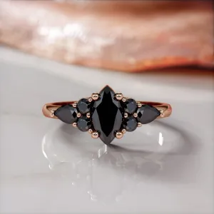 Hidden Nodes -   Art Deco  Natural Black Diamond Marquise Engagement Ring  in Rose Gold