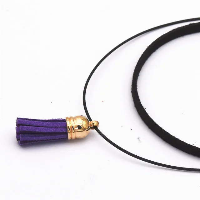 Hot Fashion Collar Torques Statement Pure Black Velvet Leather Tassel Pendant Multilayer Chokers Necklace For Women 2017 Jewelry