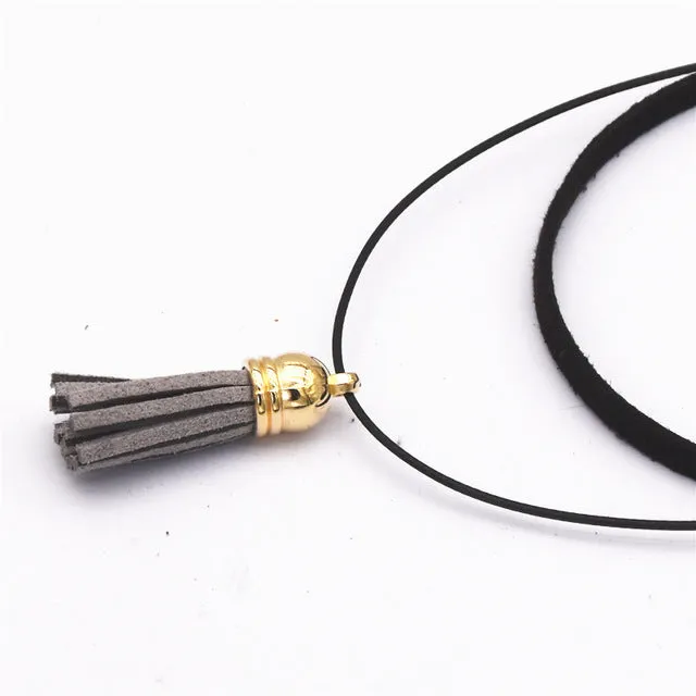 Hot Fashion Collar Torques Statement Pure Black Velvet Leather Tassel Pendant Multilayer Chokers Necklace For Women 2017 Jewelry