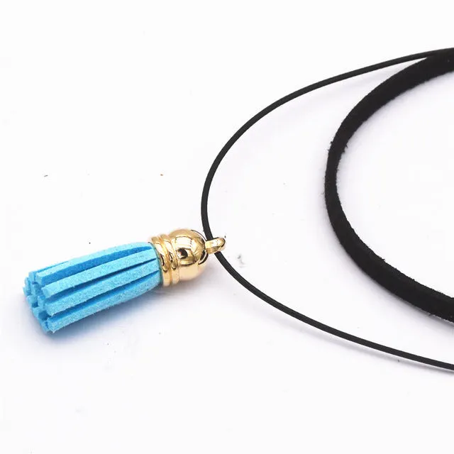 Hot Fashion Collar Torques Statement Pure Black Velvet Leather Tassel Pendant Multilayer Chokers Necklace For Women 2017 Jewelry