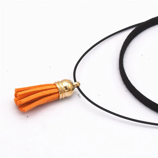 Hot Fashion Collar Torques Statement Pure Black Velvet Leather Tassel Pendant Multilayer Chokers Necklace For Women 2017 Jewelry