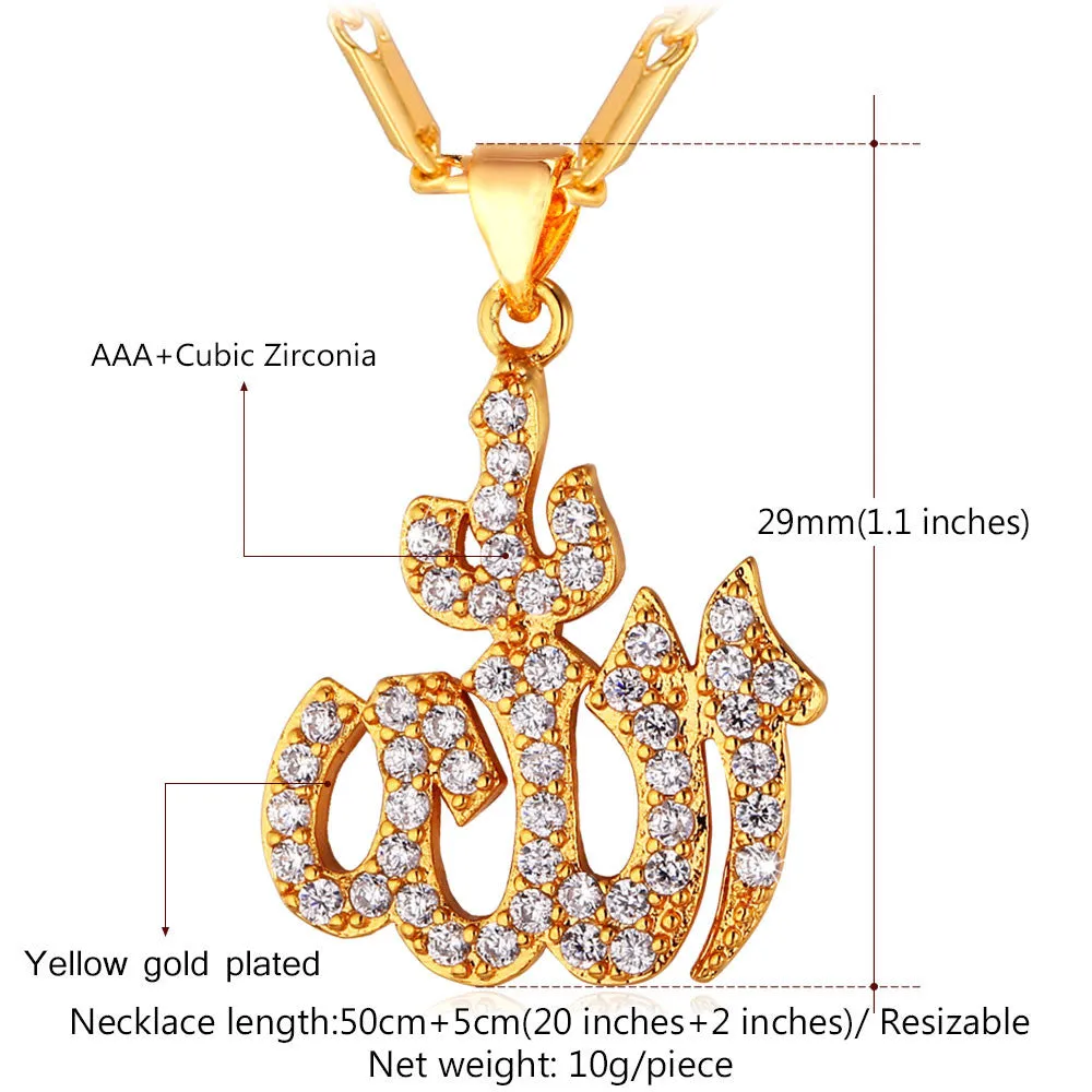 Islamic Allah Pendant Necklace Silver Color Platinum/Gold Plated Cubic Zirconia Charms Religious Muslim Jewelry Women