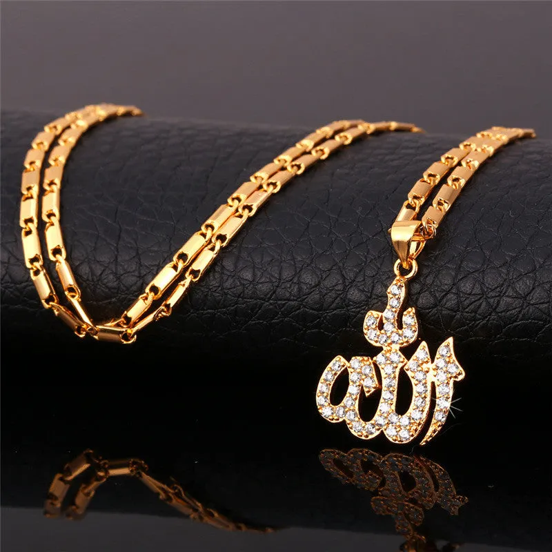 Islamic Allah Pendant Necklace Silver Color Platinum/Gold Plated Cubic Zirconia Charms Religious Muslim Jewelry Women