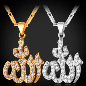 Islamic Allah Pendant Necklace Silver Color Platinum/Gold Plated Cubic Zirconia Charms Religious Muslim Jewelry Women