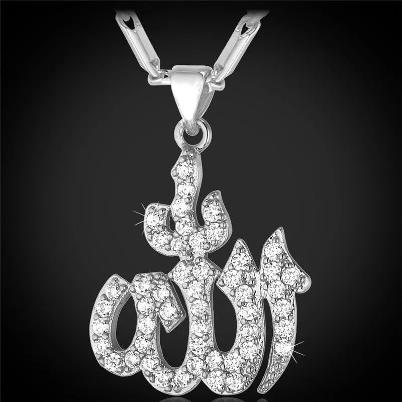 Islamic Allah Pendant Necklace Silver Color Platinum/Gold Plated Cubic Zirconia Charms Religious Muslim Jewelry Women