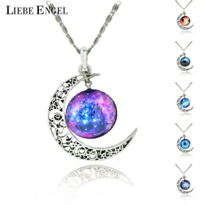 LIEBE ENGEL Brand Silver Color Jewelry Moon Statement Necklace Glass Galaxy Collares Necklace&Pendants Maxi Necklace Women 2017