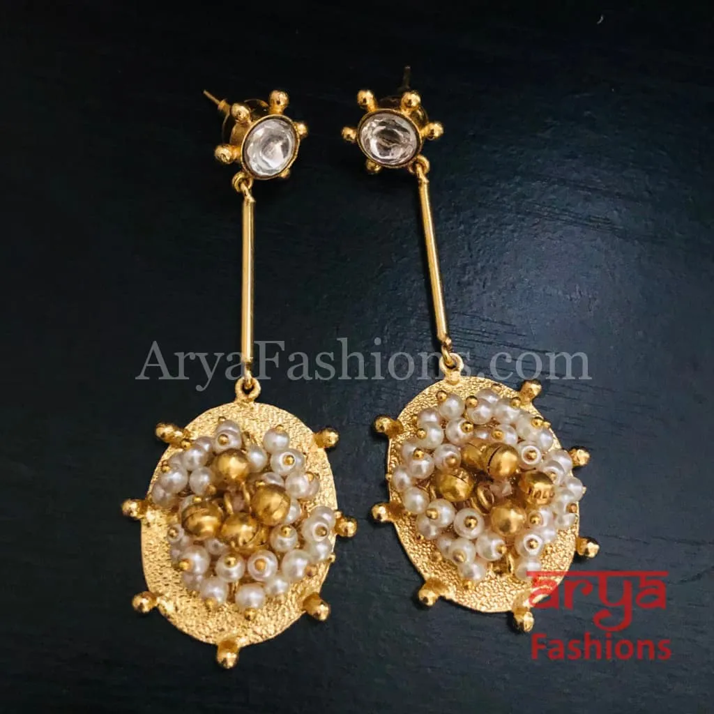 Matte Gold Pearl and Ghungroo beads Contemporary Long Party Earrings