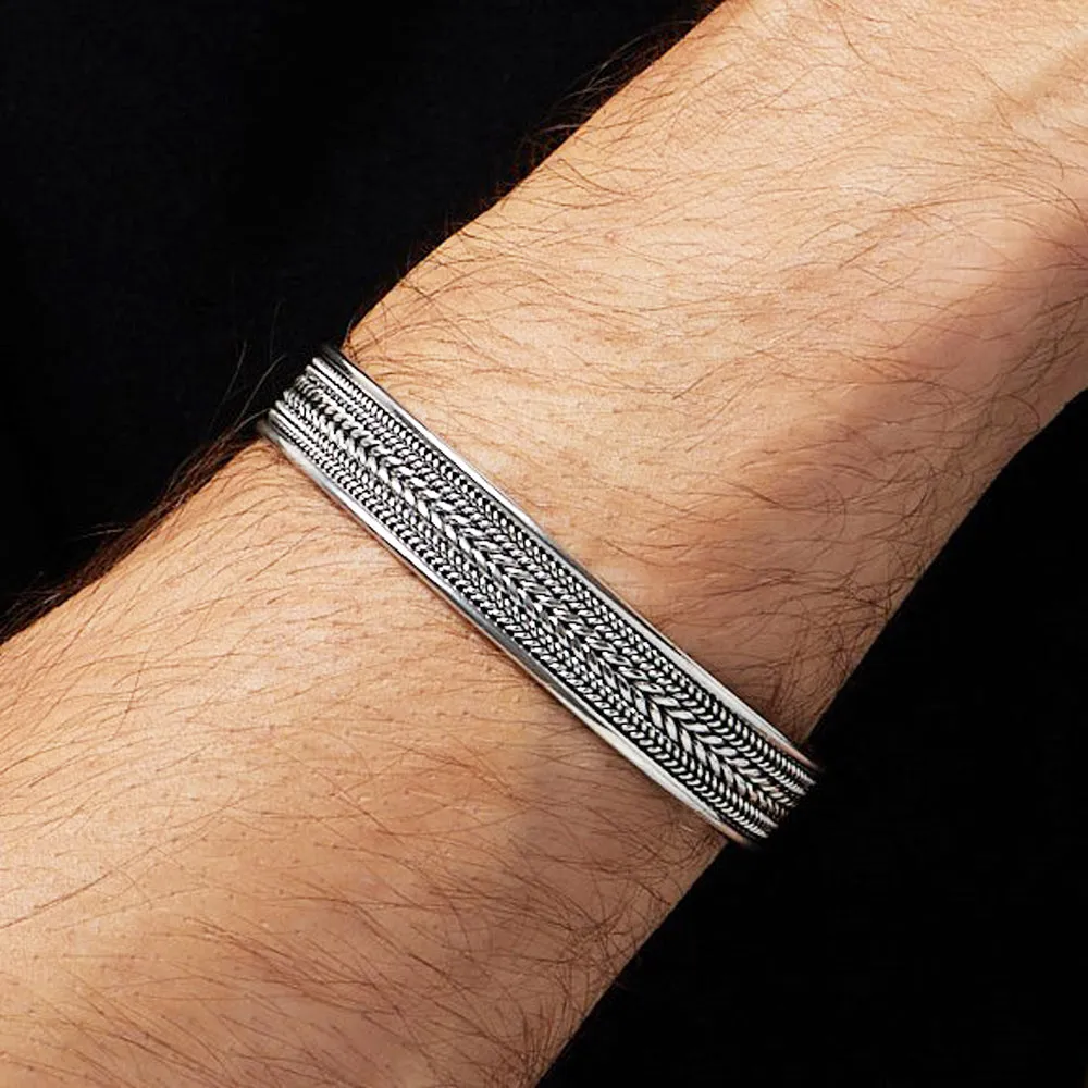 Men’s Braided Sterling Silver Cuff Bangle Bracelet - Adjusable Size