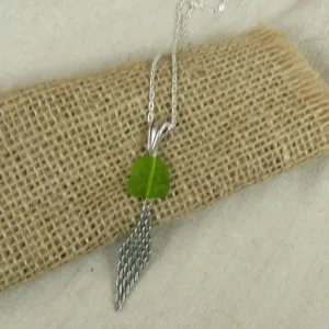 Olive Green Sea Glass & Silver Mesh Pendant Necklace