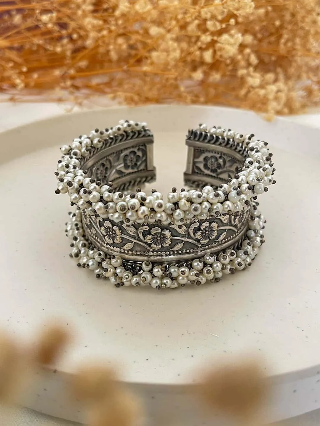 Pranutan Bahl In Oxidised Pearl Handcrafted Cuff