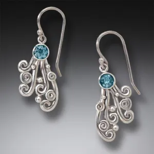 "Spray" Sterling Silver Earrings with Blue Topaz Drop