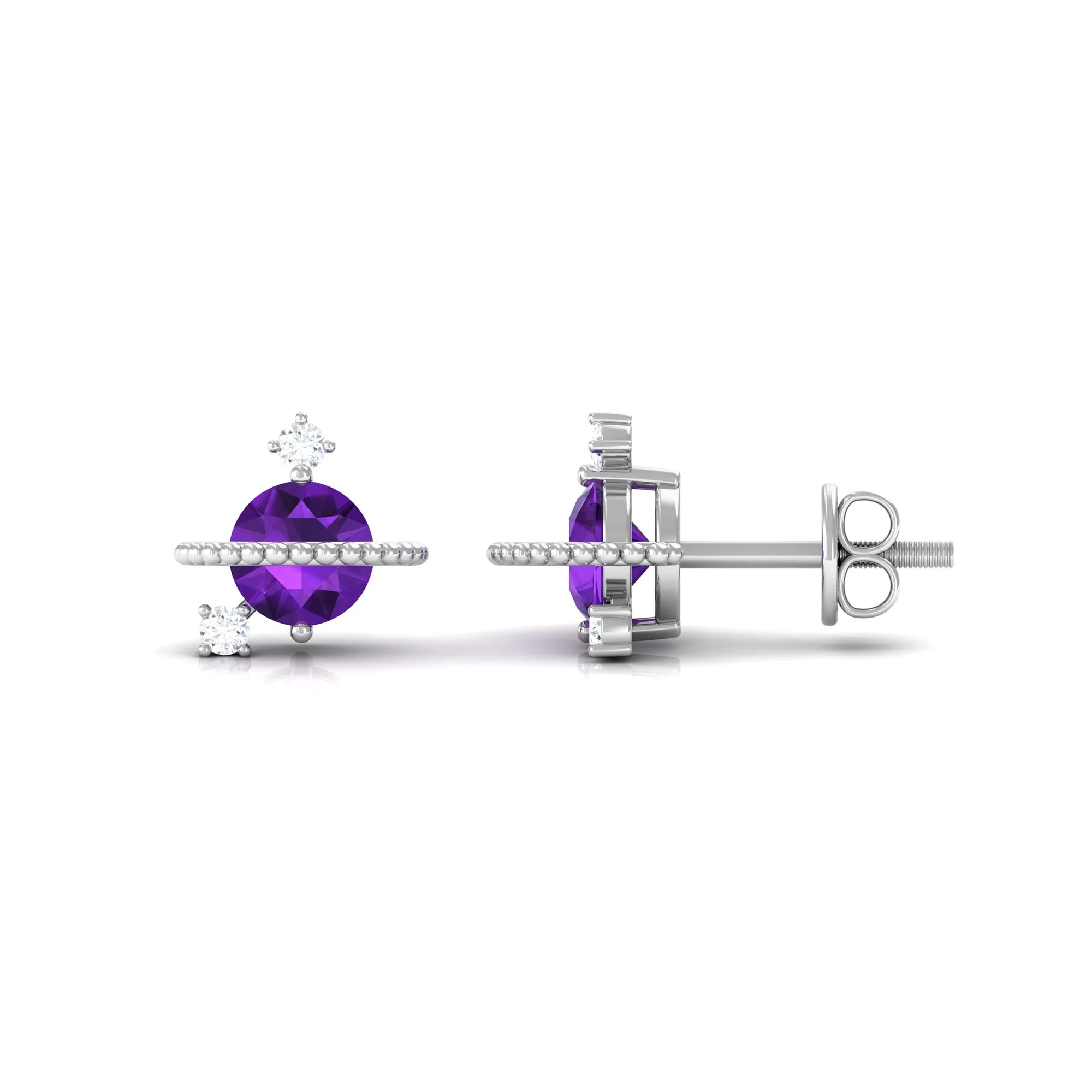 Real Amethyst Contemporary Celestial Stud Earrings with Diamond