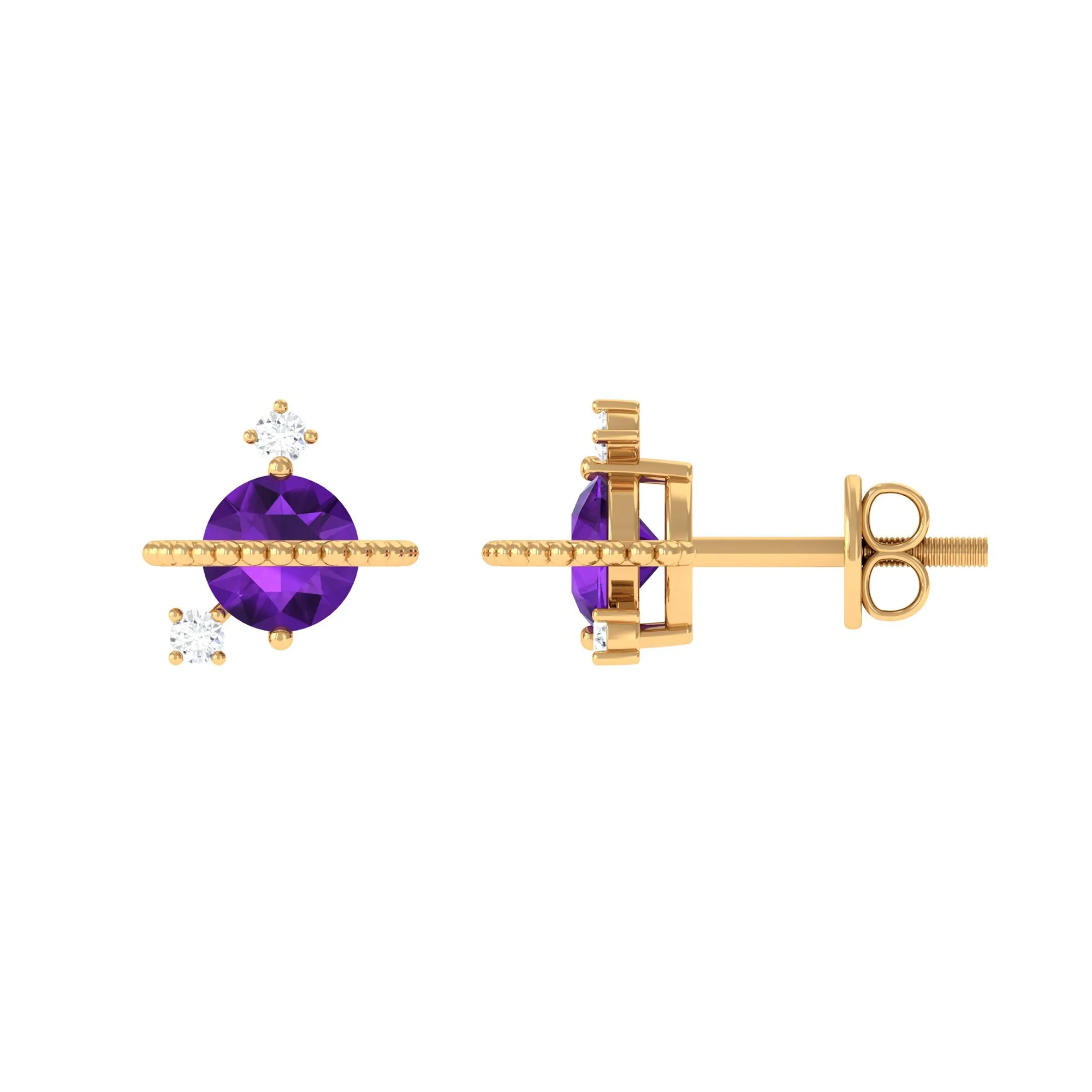 Real Amethyst Contemporary Celestial Stud Earrings with Diamond