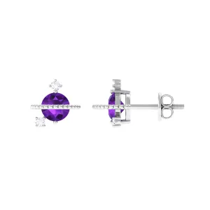 Real Amethyst Contemporary Celestial Stud Earrings with Diamond