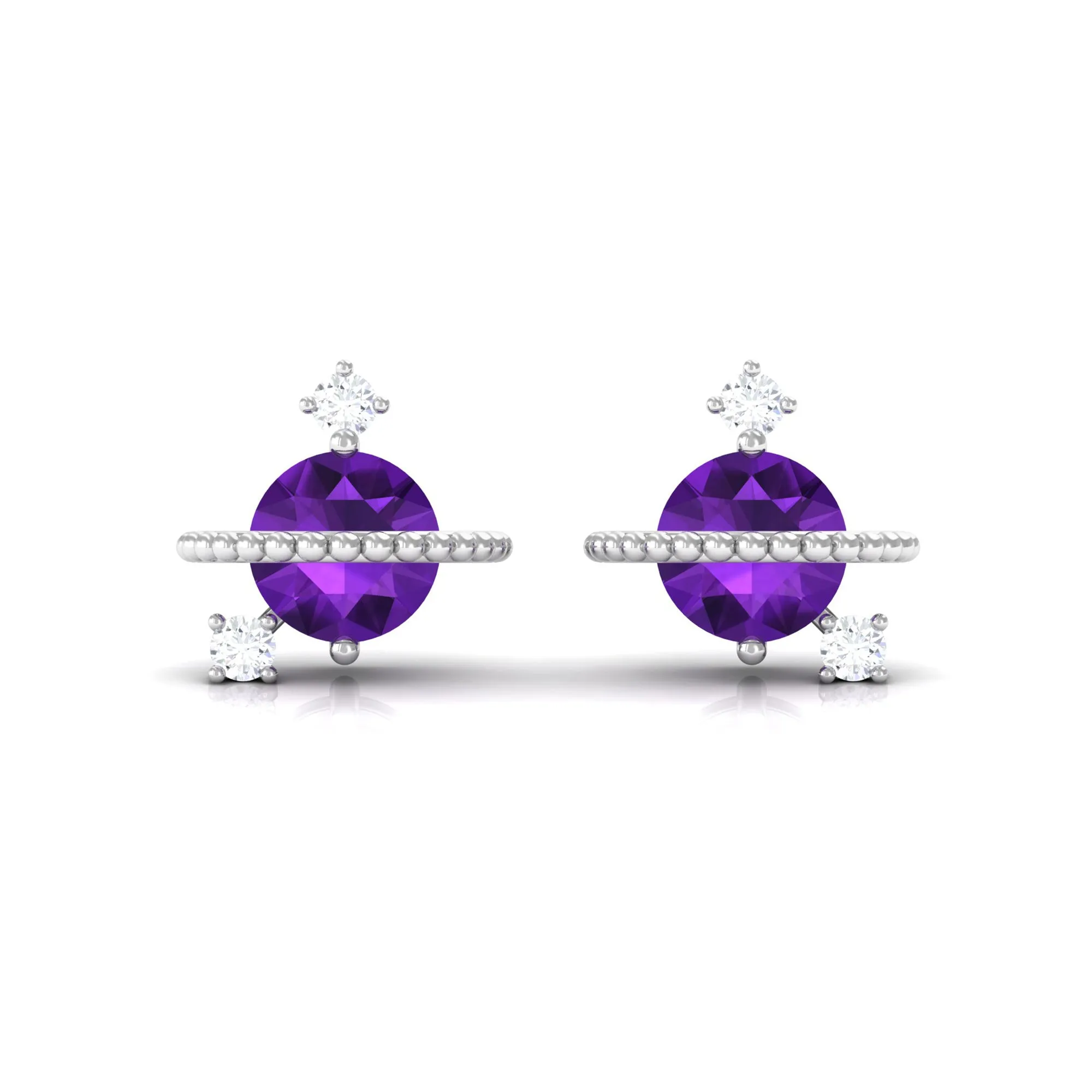 Real Amethyst Contemporary Celestial Stud Earrings with Diamond