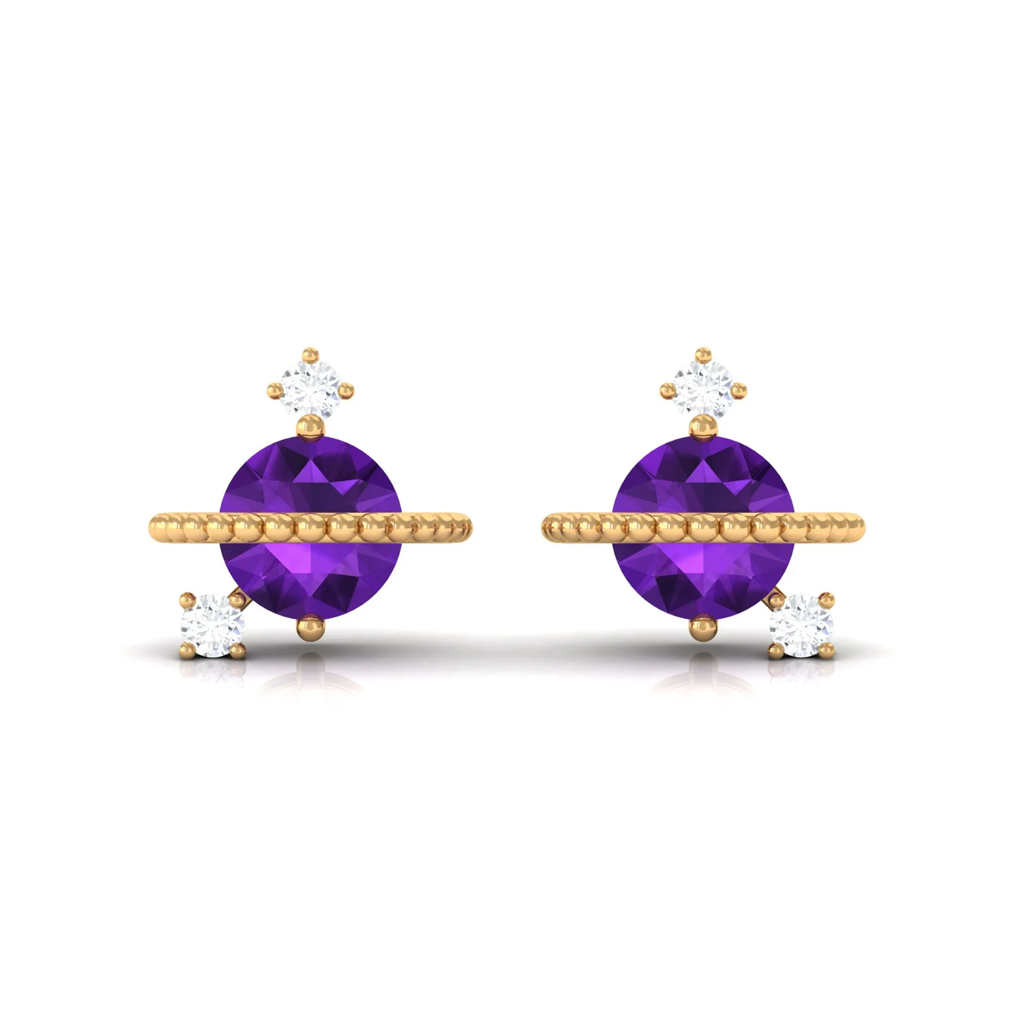 Real Amethyst Contemporary Celestial Stud Earrings with Diamond